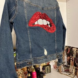 Zara sparkle lips race car denim jacket